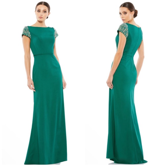 MAC DUGGAL Beaded Cap Sleeve Bateau Column Dress NEW Emerald Green Size 12 - Picture 1 of 14